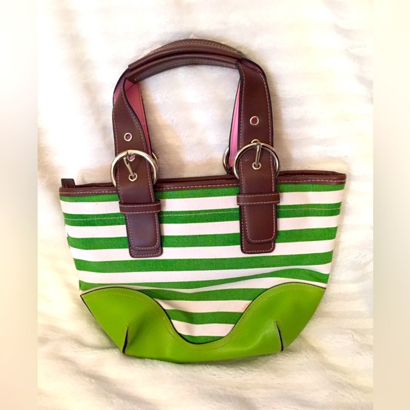 Roxy handbag 👜 💚🩷 stripes leather canvas purse with buckles cute surf nautical - Picture 1 of 4